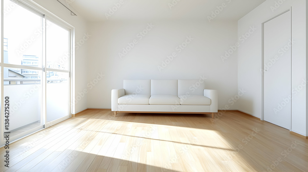 Fototapeta premium Bright Minimalist Living Room With White Sofa And Wooden Floor