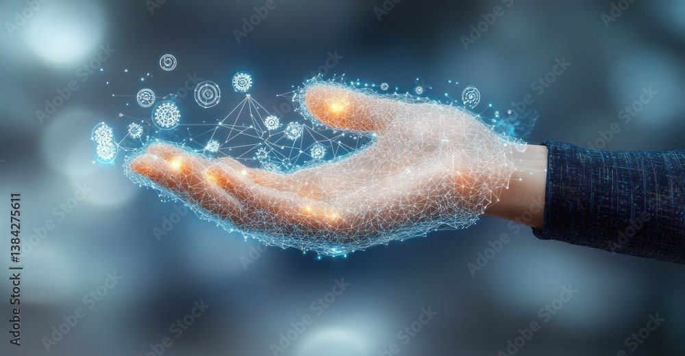 Fototapeta premium Futuristic AI Robot Hand Analyzing Data for Automated Business Process and Intelligent System Management