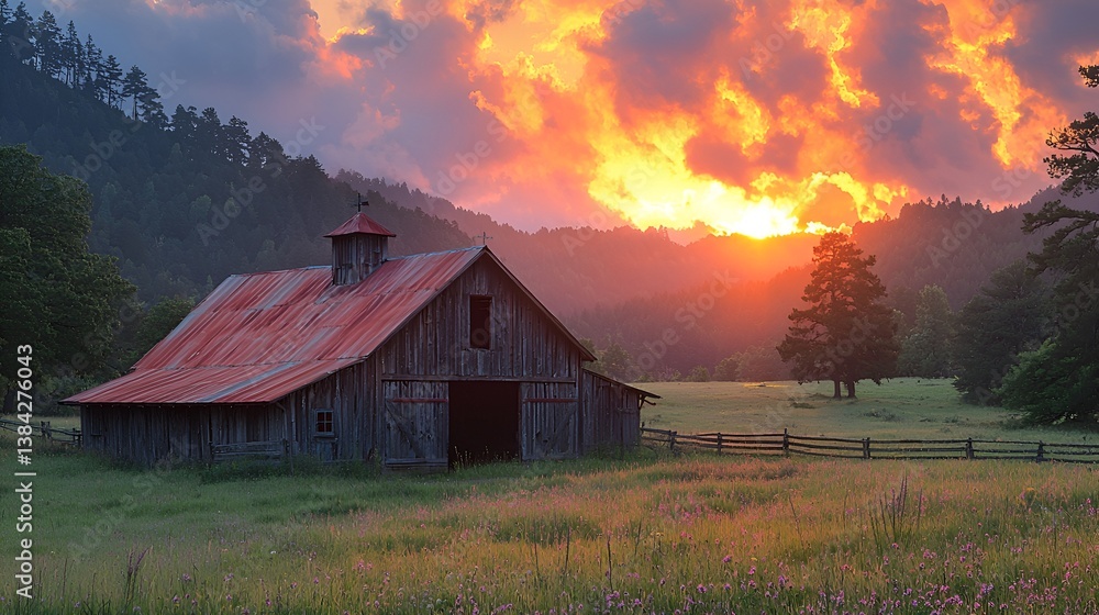 Rustic barn in vibrant sunset landscape. Rustic barn in vibrant sunset landscape.