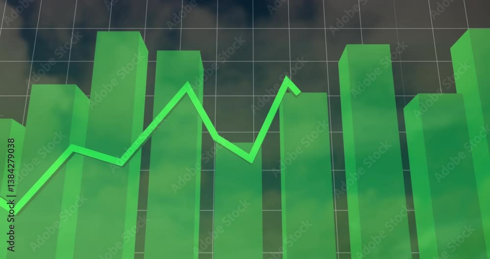 Animation of green bar graph with fluctuating line chart against cloudy sky Animation of green bar graph with fluctuating line chart against cloudy sky