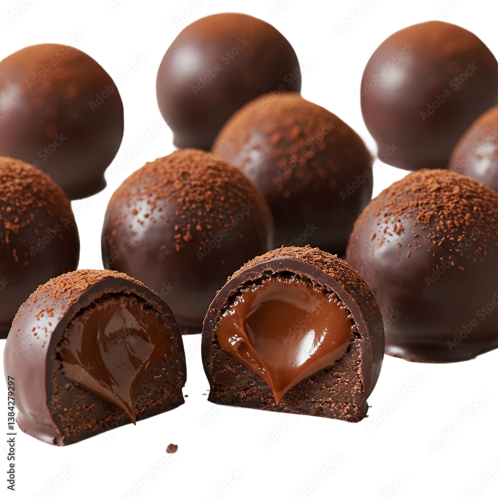 Dark chocolate truffles dusted with cocoa powder, some cut open to show ganache centers, transparent background Dark chocolate truffles dusted with cocoa powder, some cut open to show ganache centers, transparent background