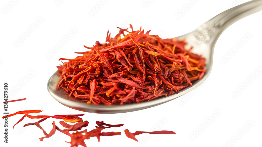 Naklejka premium Spoon filled with rich saffron strands, few fibers scattered, isolated on white background, hd, realistic, 8k --ar 16:9