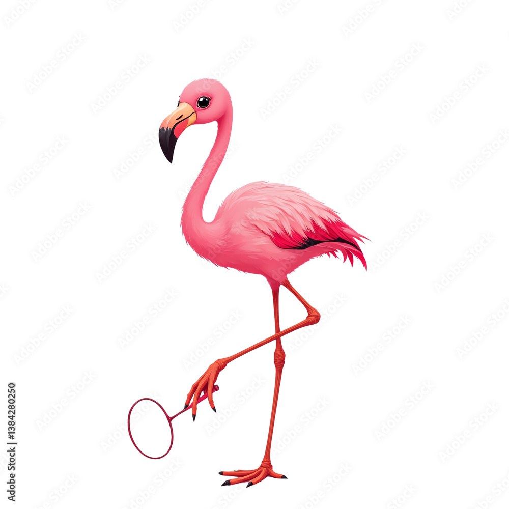 Fototapeta premium Flamingo standing on one leg, white isolate background