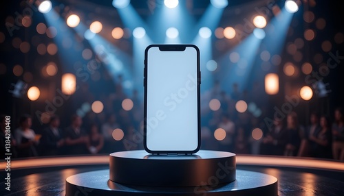 Modern Smartphone Mockup on Spotlighted Stage with Bokeh Lights, Perfect for App Presentations, UI Showcases and Tech Product Promotions