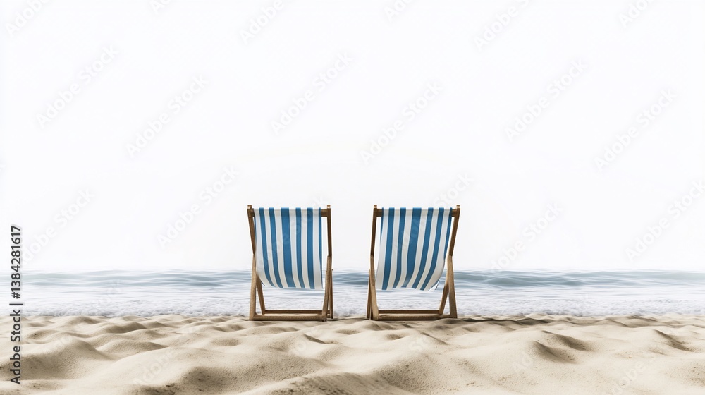 Beach chairs facing ocean, misty day, relaxation Beach chairs facing ocean, misty day, relaxation