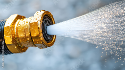 Close-up view of a water hose spraying water with high pressure. The image captures the stream of water