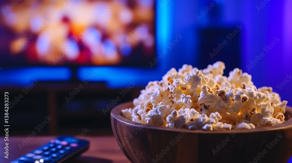 Buttered popcorn in a rustic bowl with blurred TV screen and cozy living room ambiance featuring warm lighting Buttered popcorn in a rustic bowl with blurred TV screen and cozy living room ambiance featuring warm lighting