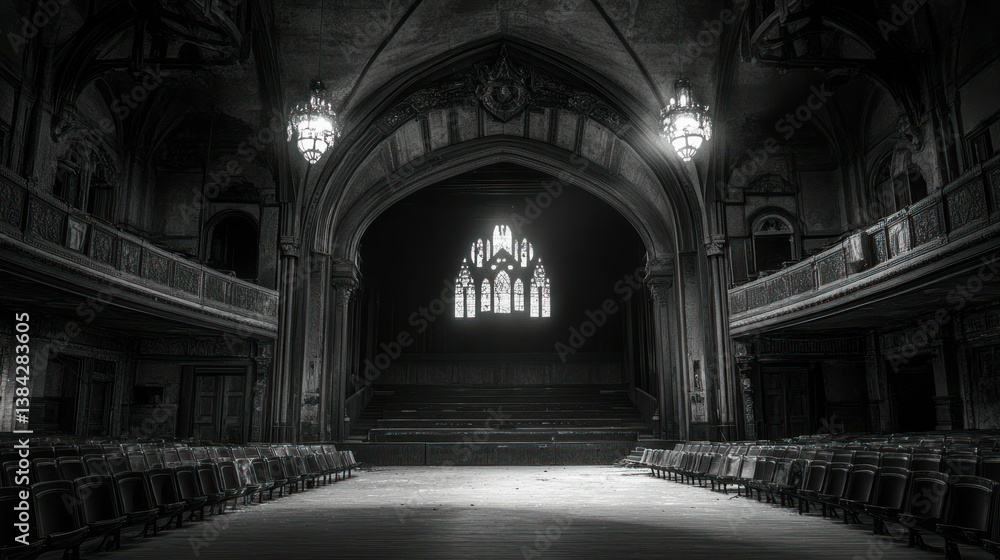 Obraz premium An abandoned theater interior with stained glass windows and seating
