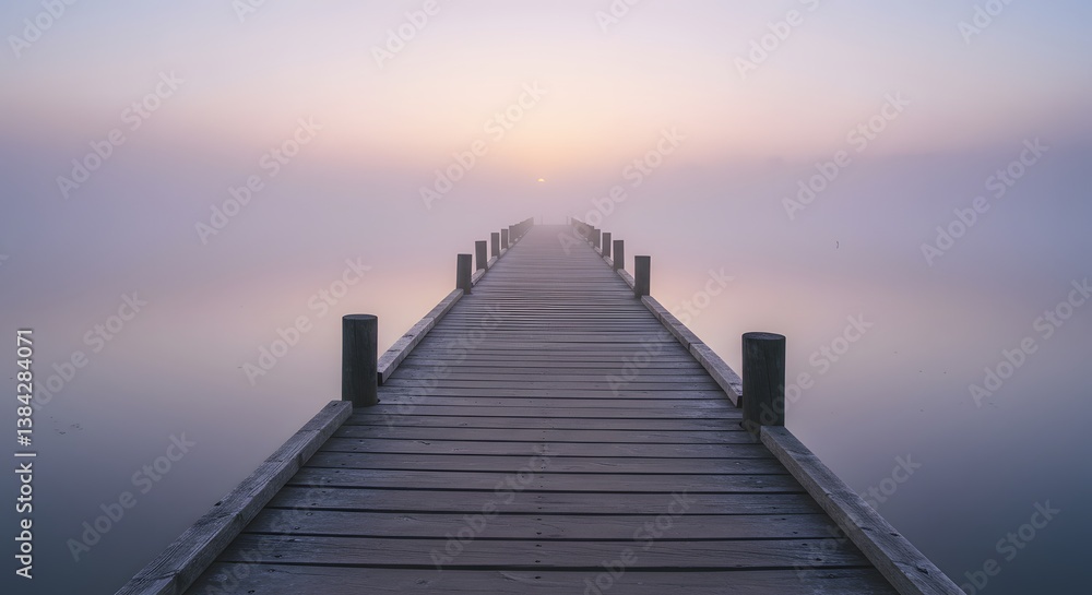Wooden Dock in Misty Lake Scene Wooden Dock in Misty Lake Scene