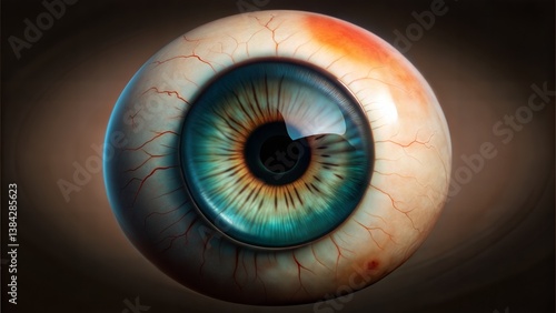 Close up view of a realistic eyeball with blue iris and visible veins on a dark brown background