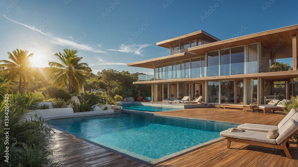 Fototapeta premium Luxury tropical villa with poolside sunrise..