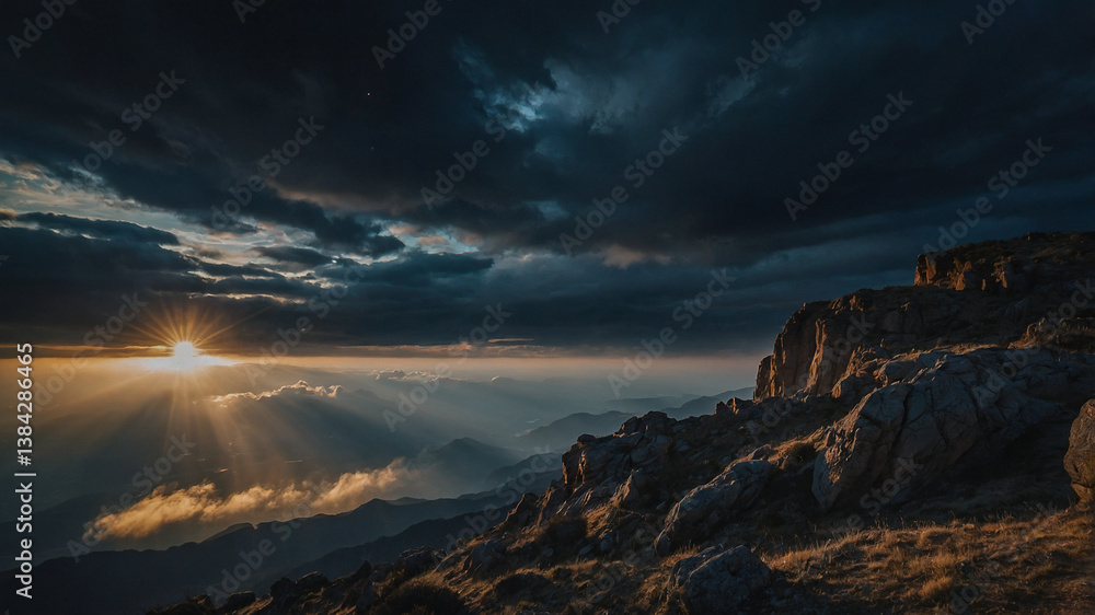 Obraz premium Dramatic Sunset Over Rugged Mountain Peaks..
