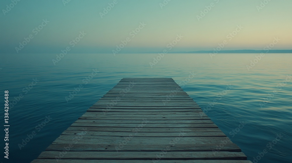 Obraz premium Serene Wooden Dock Extending into Calm Lake at Dusk