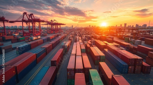 container port operation at glowing sunset featuring stacked cargo units cranes and a cityscape creating a logistics hub backdrop
