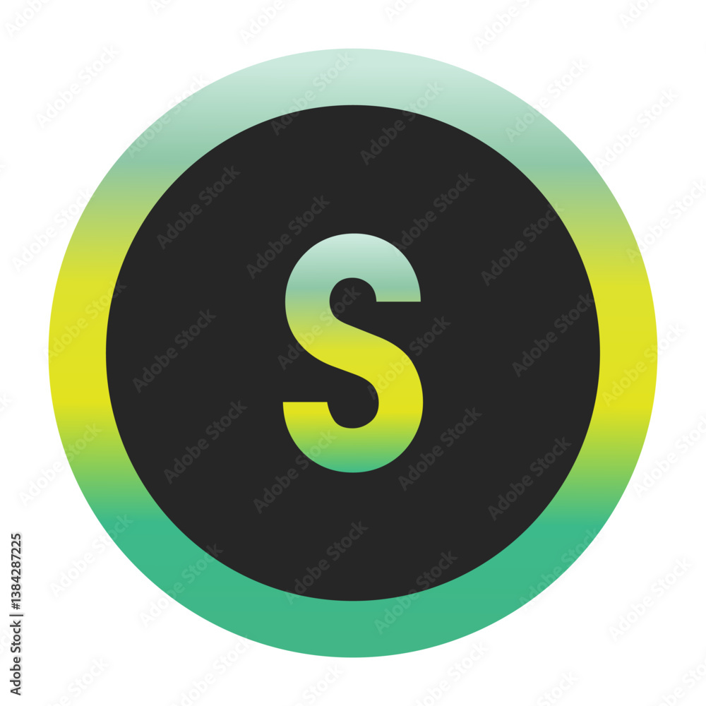Bold Green and Yellow Lowercase Letter s on a Black Circle with a Gradient Eco-Friendly Border Representing World Environment Day and Sustainability Bold Green and Yellow Lowercase Letter s on a Black Circle with a Gradient Eco-Friendly Border Representing World Environment Day and Sustainability
