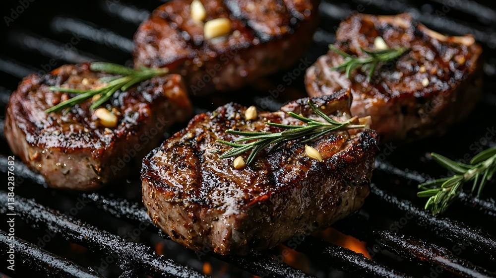Grilled rosemary and pine nut seasoned steaks on a barbecue grill. Grilled rosemary and pine nut seasoned steaks on a barbecue grill.