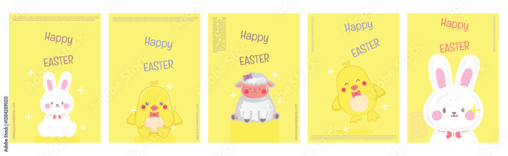 Happy Easter Day Poster Set with a Cute Lamb, Chick, and Bunny Mascot, isolated on yellow background Happy Easter Day Poster Set with a Cute Lamb, Chick, and Bunny Mascot, isolated on yellow background