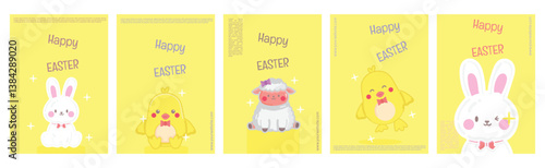 Happy Easter Day Poster Set with a Cute Lamb, Chick, and Bunny Mascot, isolated on yellow background