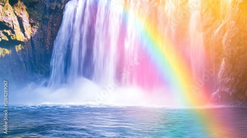 Majestic waterfall rainbow, nature's beauty, serene landscape, travel photography