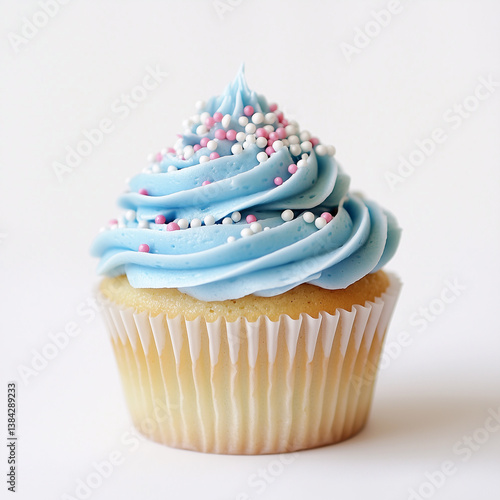 Beautifully decorated cupcake with light blue frosting, topped with colorful sprinkles