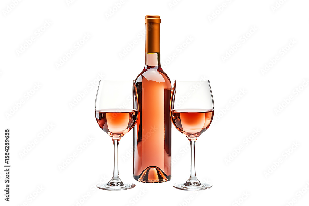 Bottle of rose wine and two full glasses isolated on transparent background
Bottle of rose wine and two full glasses isolated on transparent background