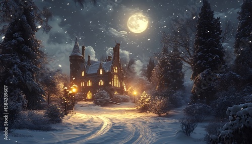A winter wonderland landscape featuring a castle under a full moon