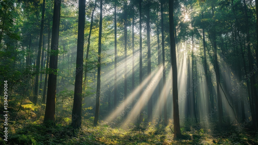 Obraz premium Sunbeams filtering through the serene and tranquil environment of dense forest
