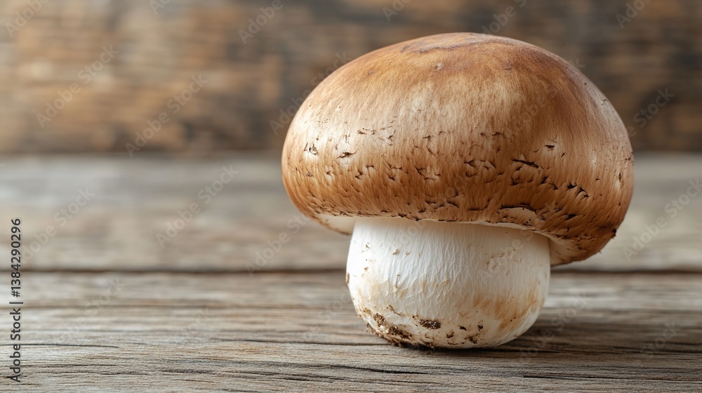 Single brown mushroom on rustic wood Single brown mushroom on rustic wood