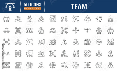 Team line editable icon set. Containing team building, teamwork, coaching, meeting, managing, coaching, motivation and more. Vector Illustration