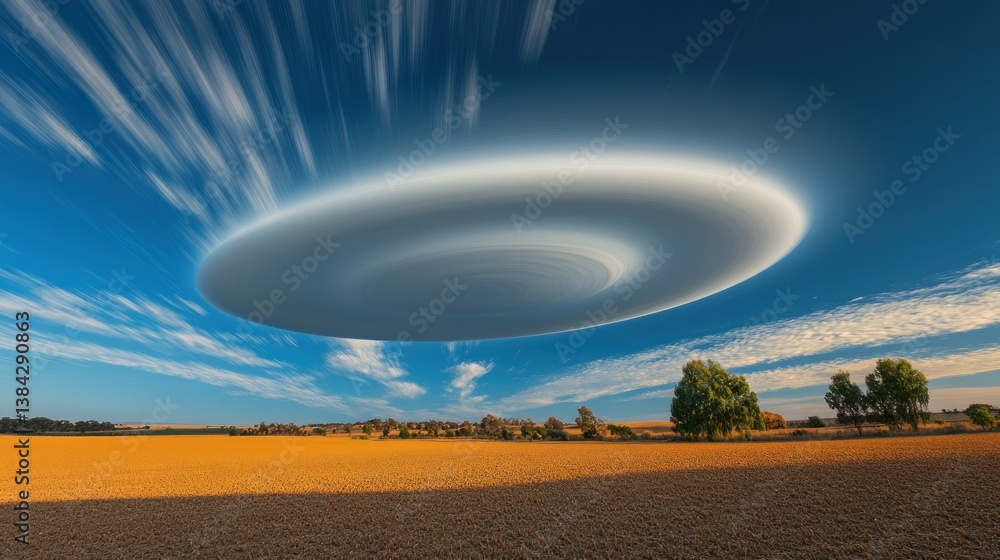 lenticular cloud hovering over a field of wheat creating an illusionary scene of an otherworldly phenomenon in a tranquil landscape lenticular cloud hovering over a field of wheat creating an illusionary scene of an otherworldly phenomenon in a tranquil landscape