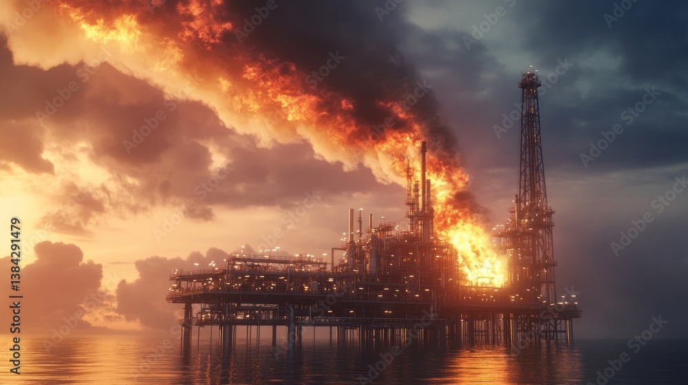 Obraz premium Oil rig ablaze at sunset