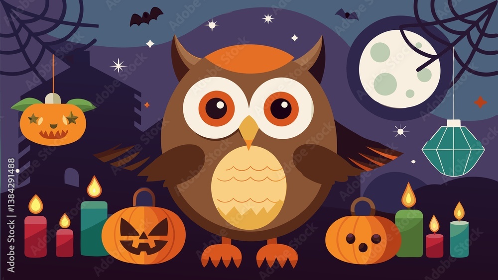 Obraz premium A cartoon illustration of a halloween scene with an owl pumpkins and candles at night time