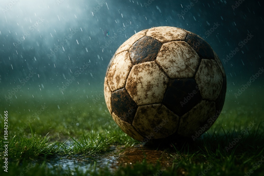 Naklejka premium A wet soccer ball on grass during rain.
