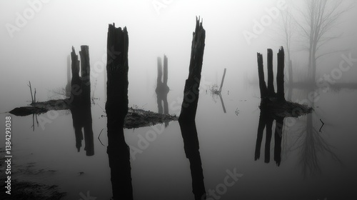 Foggy scene with broken tree trunks and water reflections