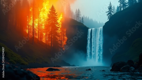 Wallpaper Mural An exquisite and surreal cinematic photo of a powerful waterfall plummeting over rocks in a lush forest scene filled with vibrant colors and a tranquil atmosphere of nature Torontodigital.ca