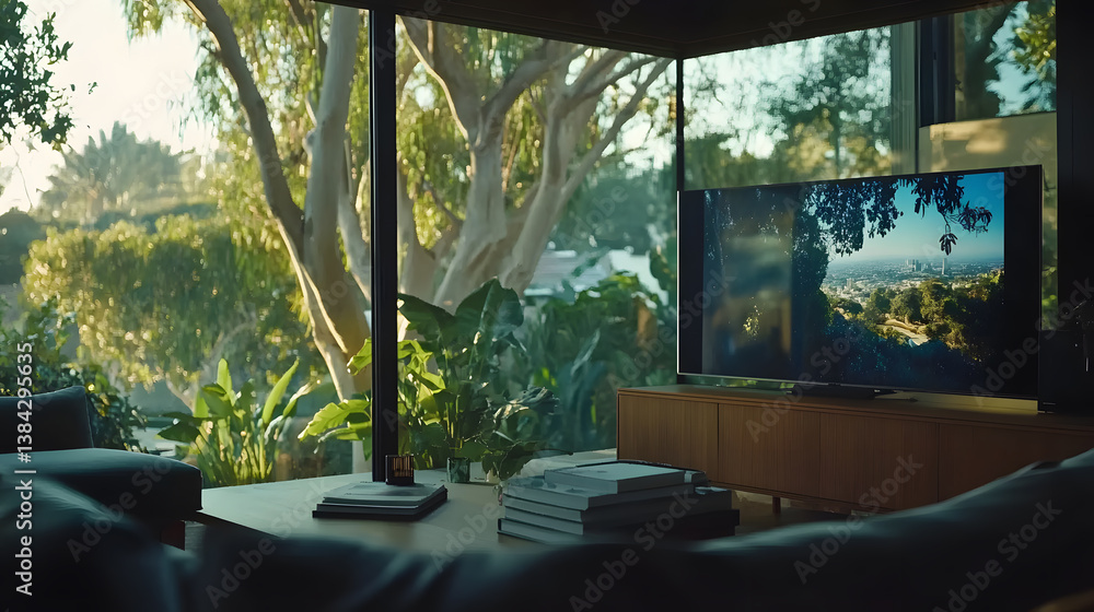 Fototapeta premium Modern living room with large windows showcasing a scenic view. A flat-screen TV displays a captivating landscape, complementing the serene atmosphere. Books and plants add a touch of elegance.
