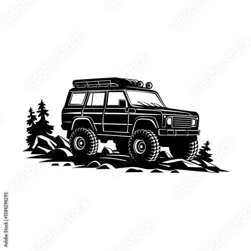 Illustration of a black off road vehicle with roof rack on a rocky terrain with trees on transparent background
