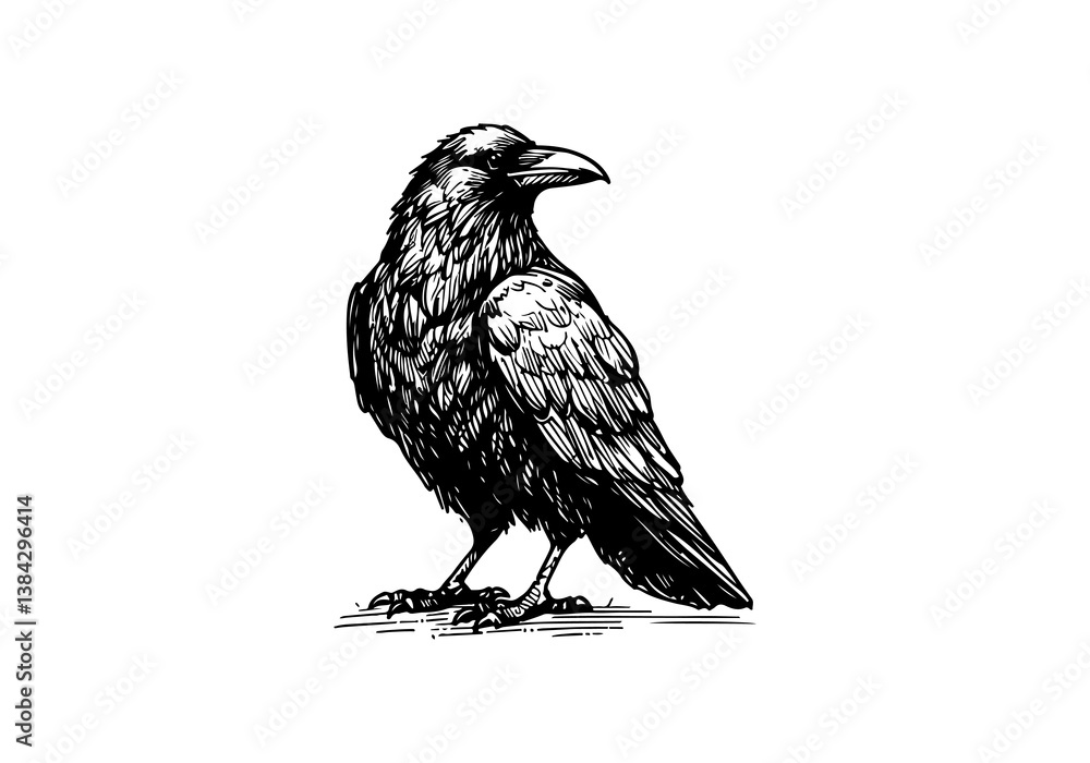 Fototapeta premium Raven Hand Drawn Illustration Black and White Vector Isolated