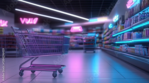 Wallpaper Mural Shopping cart in neon-lit grocery store urban environment digital artwork Torontodigital.ca