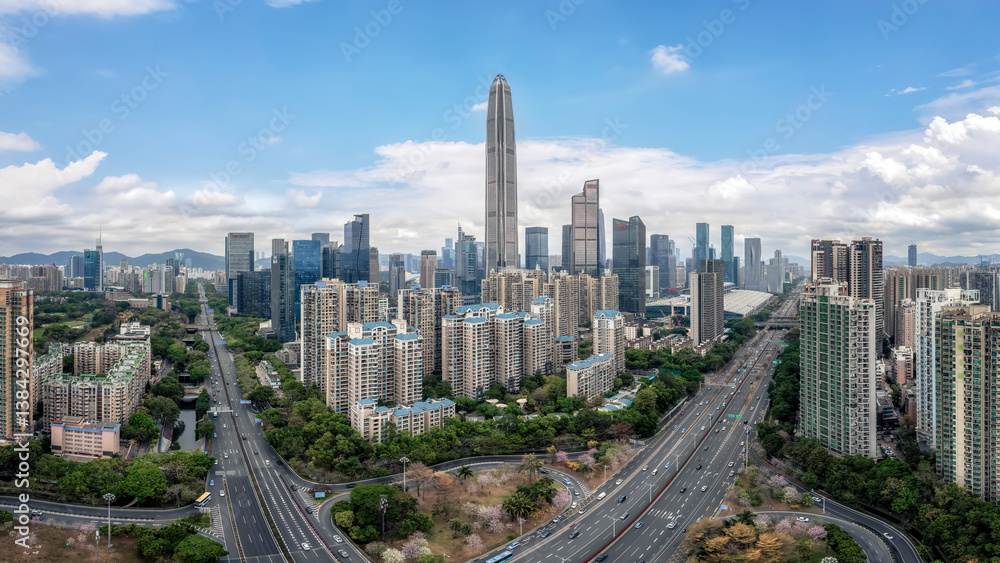 Fototapeta premium A Stunning Aerial View of Modern Urban Skyline and Highways
