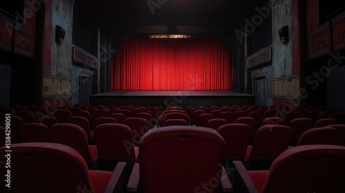 A dark vintage theater with a stage and red curtains
