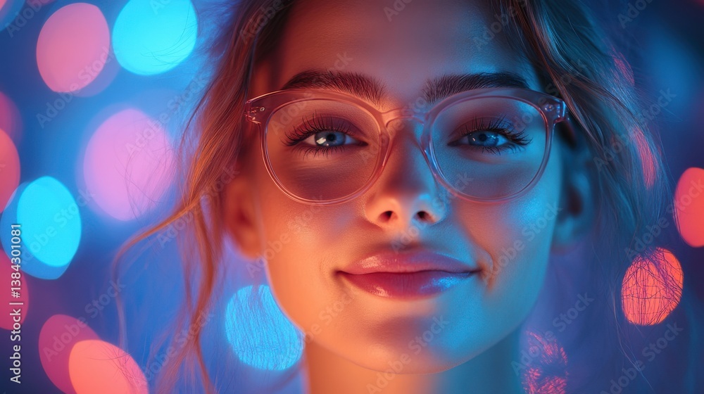 Obraz premium illustration, technology, glow, cheerful young woman with eyeglasses smiling and looking at camera,stock image
