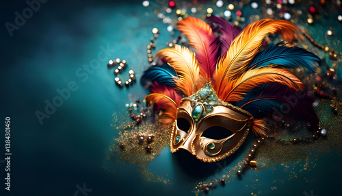 Vibrant Masquerade Mask with Feathers, A Luxurious Venetian Carnival Mask, Decorated with Gold Filigree, Gemstones Background, Wallpaper, Copy Space