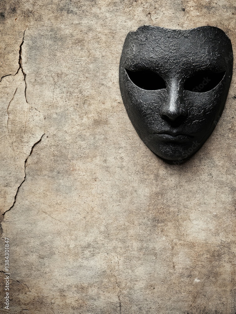 Antique black mask on aged surface Antique black mask on aged surface