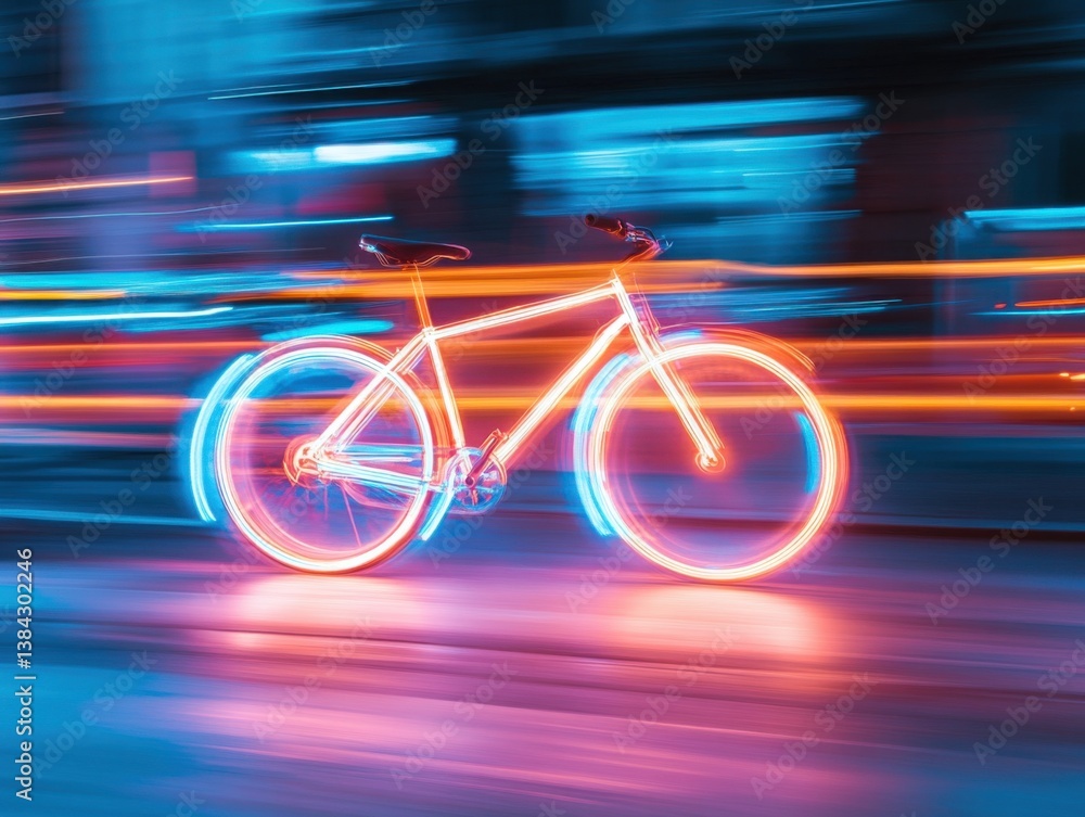 Fototapeta premium Neon bicycle in motion in an urban setting with copy space on the left