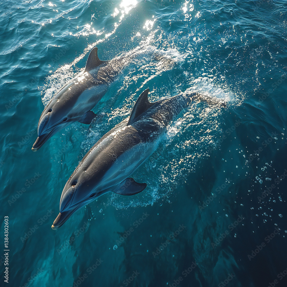 Fototapeta premium A playful dolphin pod swimming in the open sea, with turquoise waters below