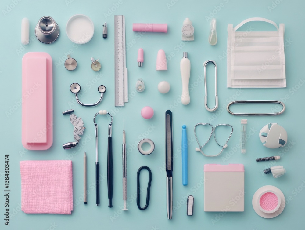 Nurse tools flat lay with organized grid and natural daylight on left Nurse tools flat lay with organized grid and natural daylight on left
