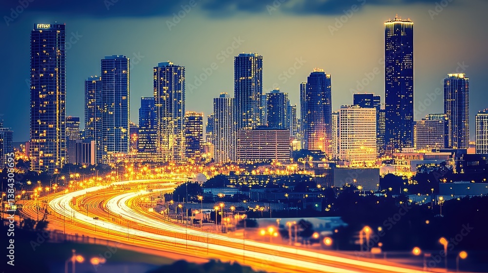 Fototapeta premium City skyline at night with illuminated buildings