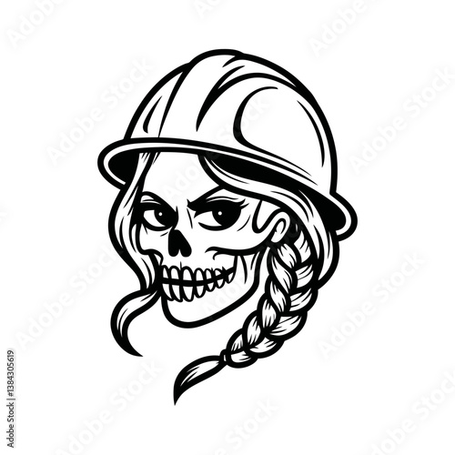 A Stylized Black And White Illustration Of A Woman's Skull Head Wearing A Construction Hard Hat And A Braided Hairstyle.