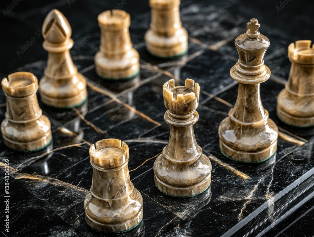 Onyx chess pieces on black marble board with dramatic top-down lighting and negative space around